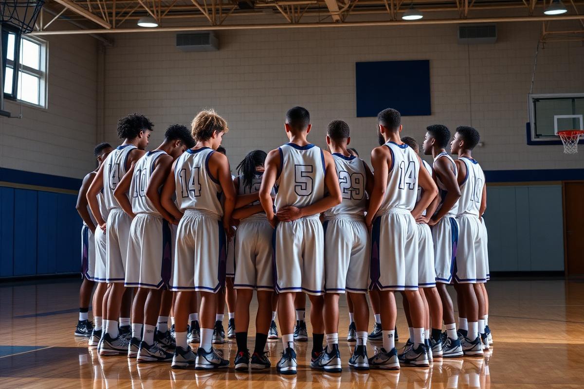 Team huddled in custom uniforms